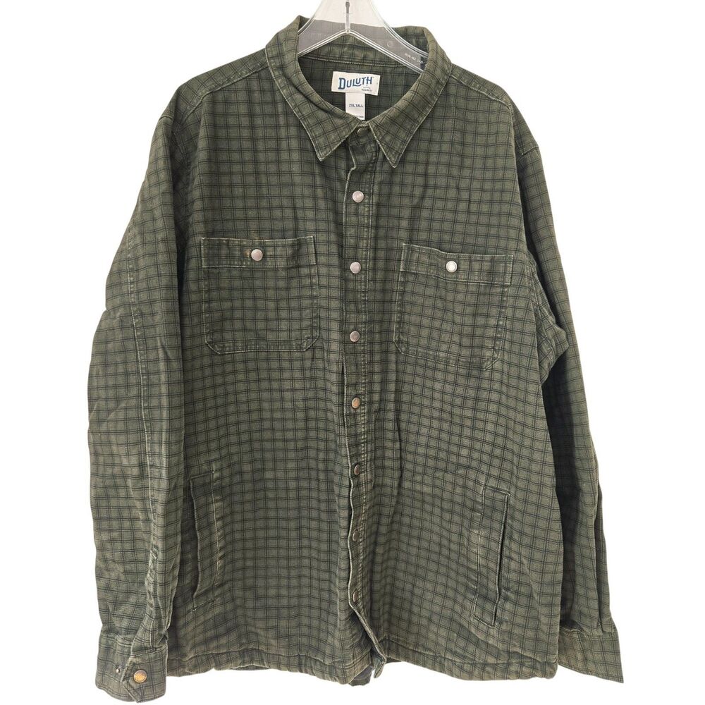 Duluth‎ Trading Co Shacket Mens 2XL Tall Flannel Lined Snap Shirt Jacket Green